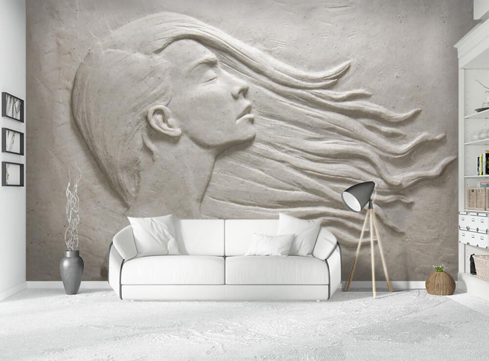 Mieszkanie z bareliefом w nowoczesnym stylu: sztuka na ścianach i minimalistyczne wnętrze.