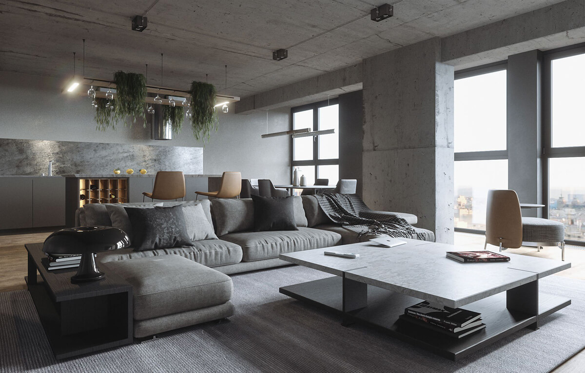 Kuchnia z betonowym sufitem i podwieszanymi lampami w stylu loftowym 2026.