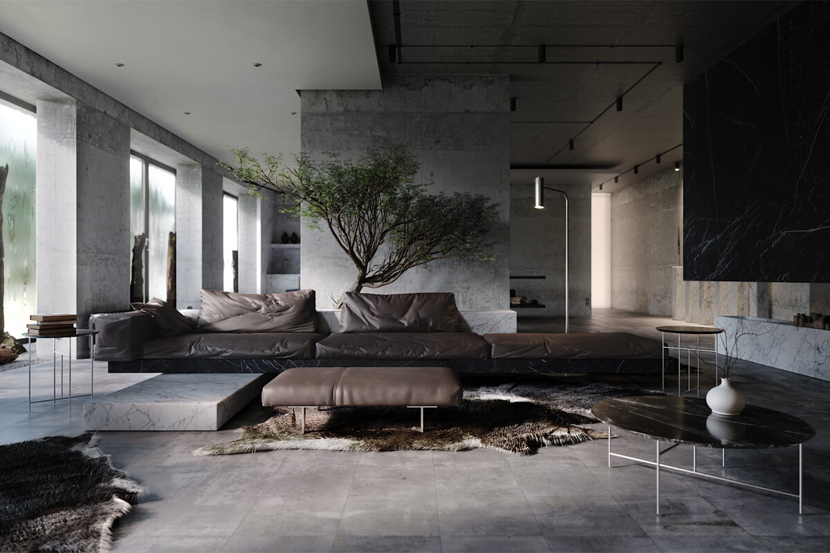 Nowoczesny salon z betonowym sufitem i minimalistycznym oświetleniem w 2026 roku.
