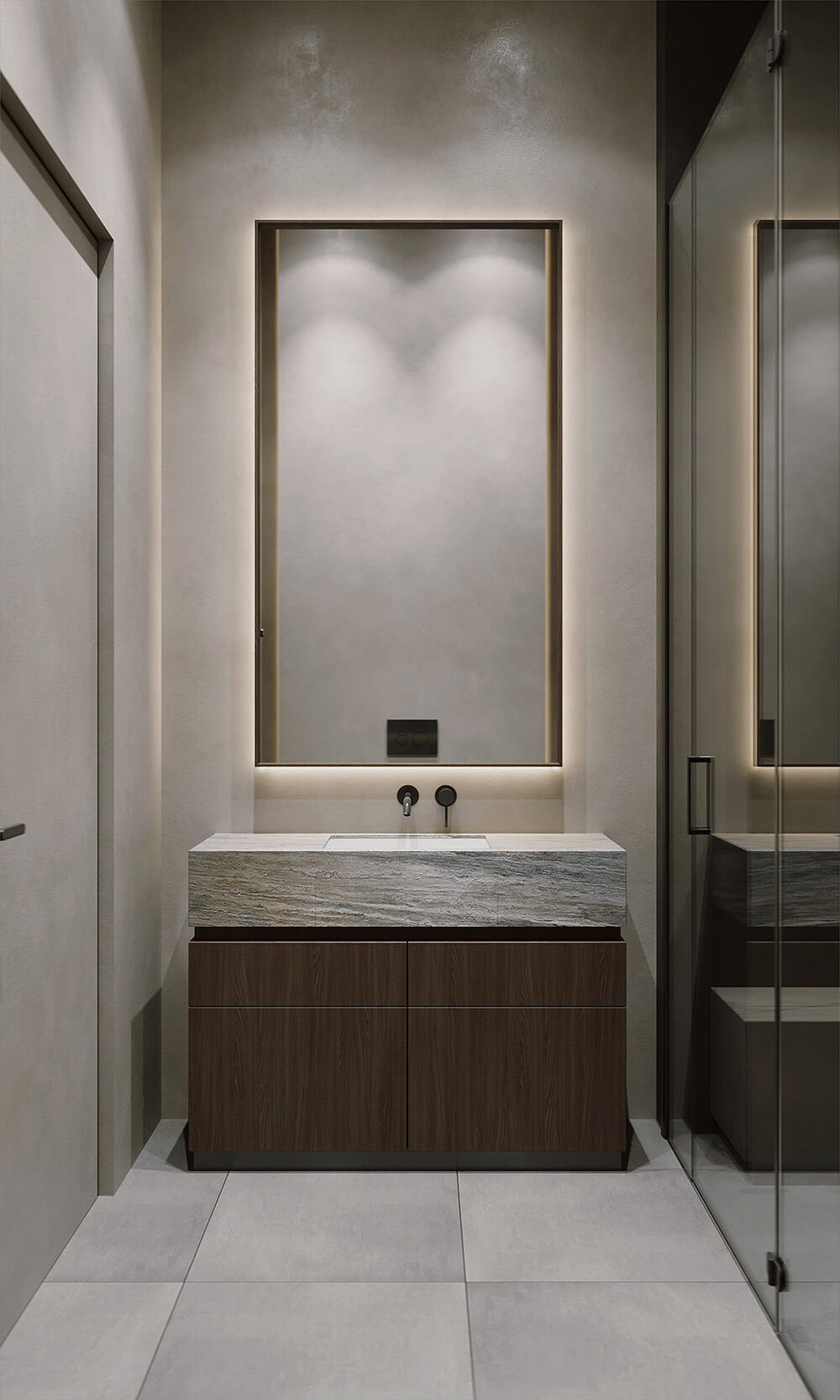 Łazienka w sypialni Master sypialnia 2026 z prywatną łazienką w jasnych i nowoczesnych tonacjach.