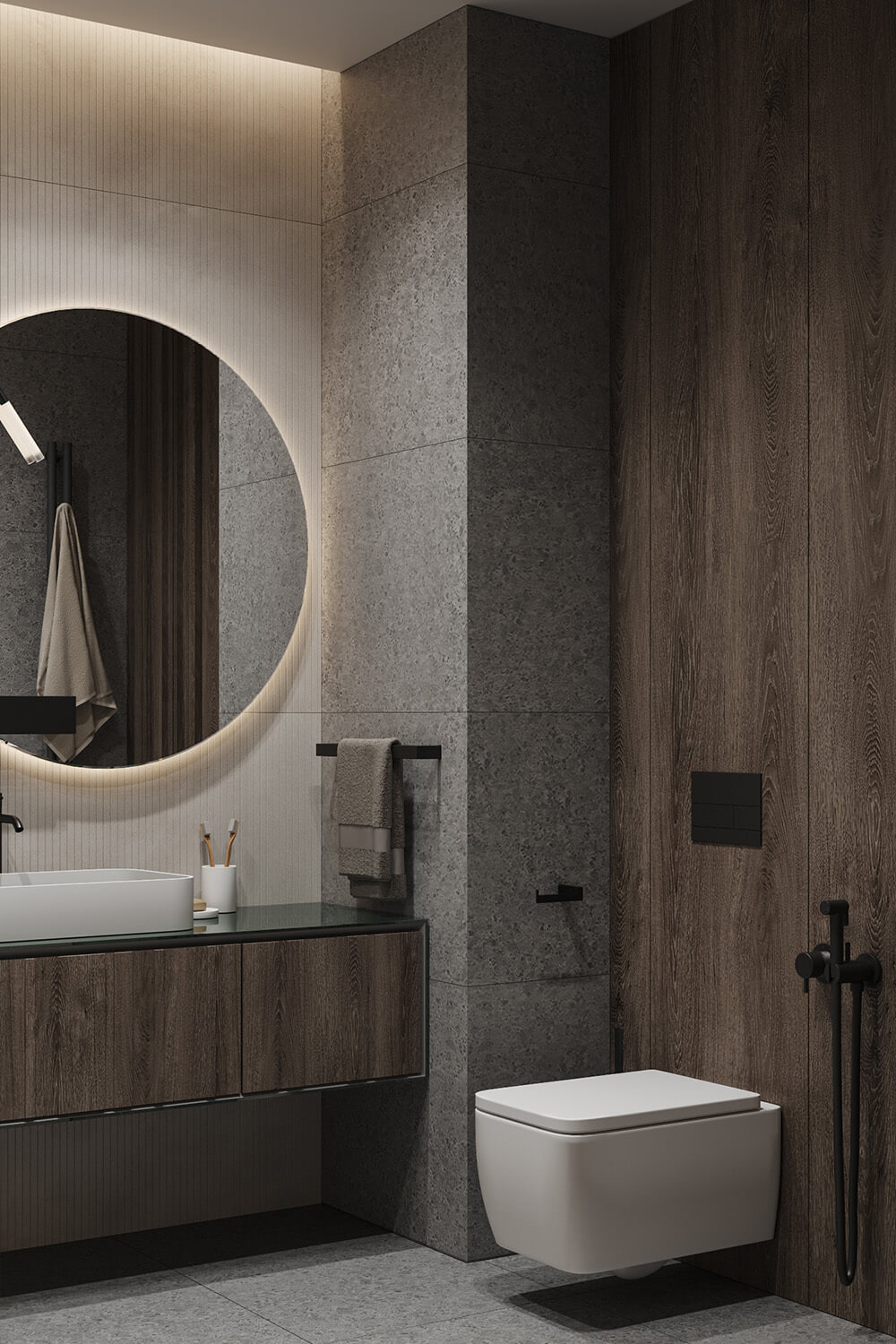 Drewno: Odporność i styl Nowoczesna łazienka z panelami z drewna odpornego na wilgoć. Elegancki i trwały design.