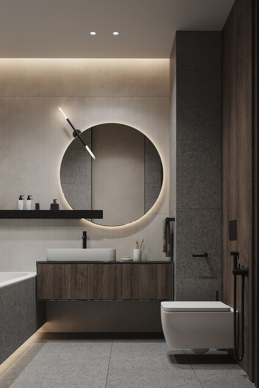 Drewno: Trwałość w łazience Elementy drewniane w łazience. Użycie materiałów odpornych na wilgoć zapewnia trwałość.