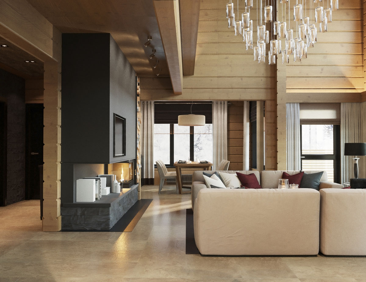 Oryginalny design wnętrza domu z bali, wykorzystujący nietypowe rozwiązania aranżacyjne w 2026 roku.