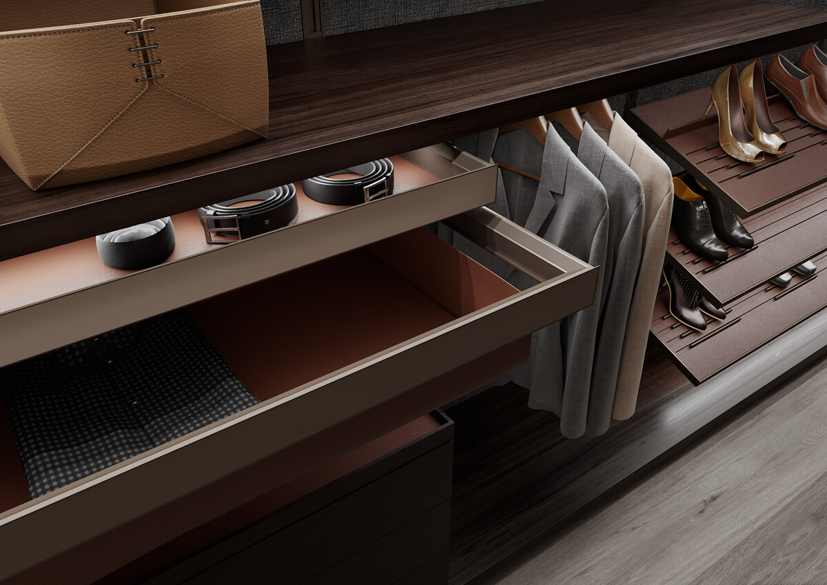 Minimalistyczna Garderoba LED Sypialnia z otwartą garderobą, nowoczesnym oświetleniem LED i minimalistycznym designem.