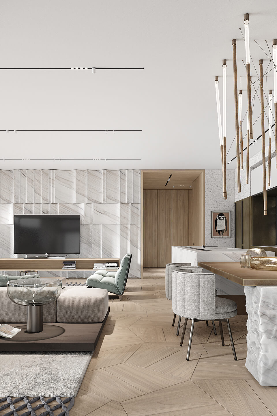 Drewno w nowoczesnym wydaniu Elegancka kuchnia z salonem 50 m² z wykorzystaniem naturalnego drewna i ekologicznych materiałów.