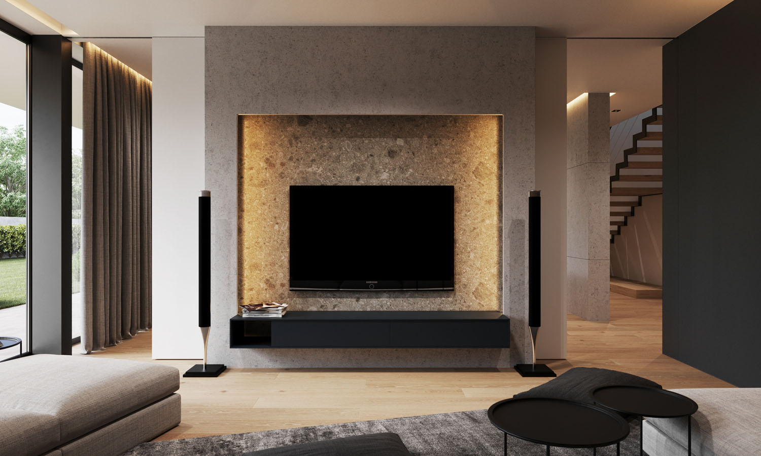 Minimalistyczny salon z telewizorem na szafce i zielenią – jak umieścić TV?