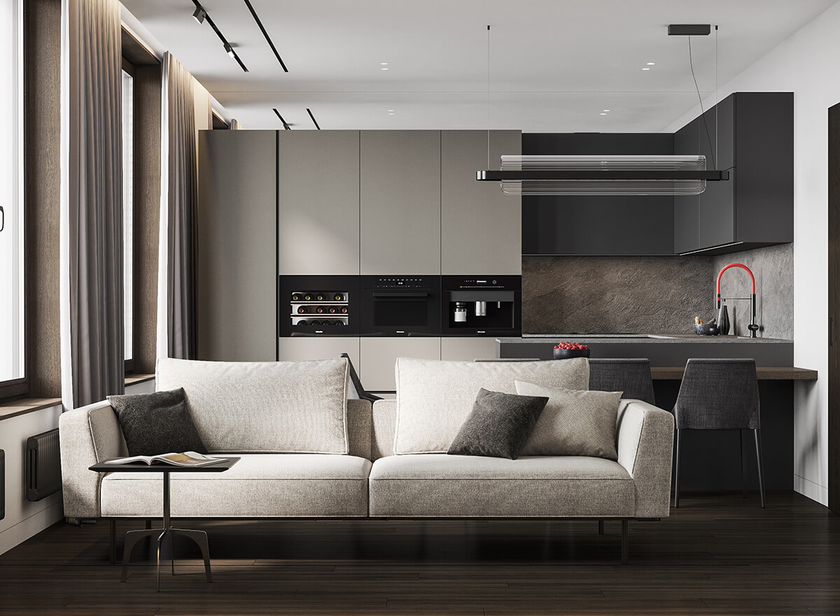 Aranżacja wnętrz 2026: Podwyższony podest wydzielający strefę relaksu, nowoczesne zonowanie przestrzeni