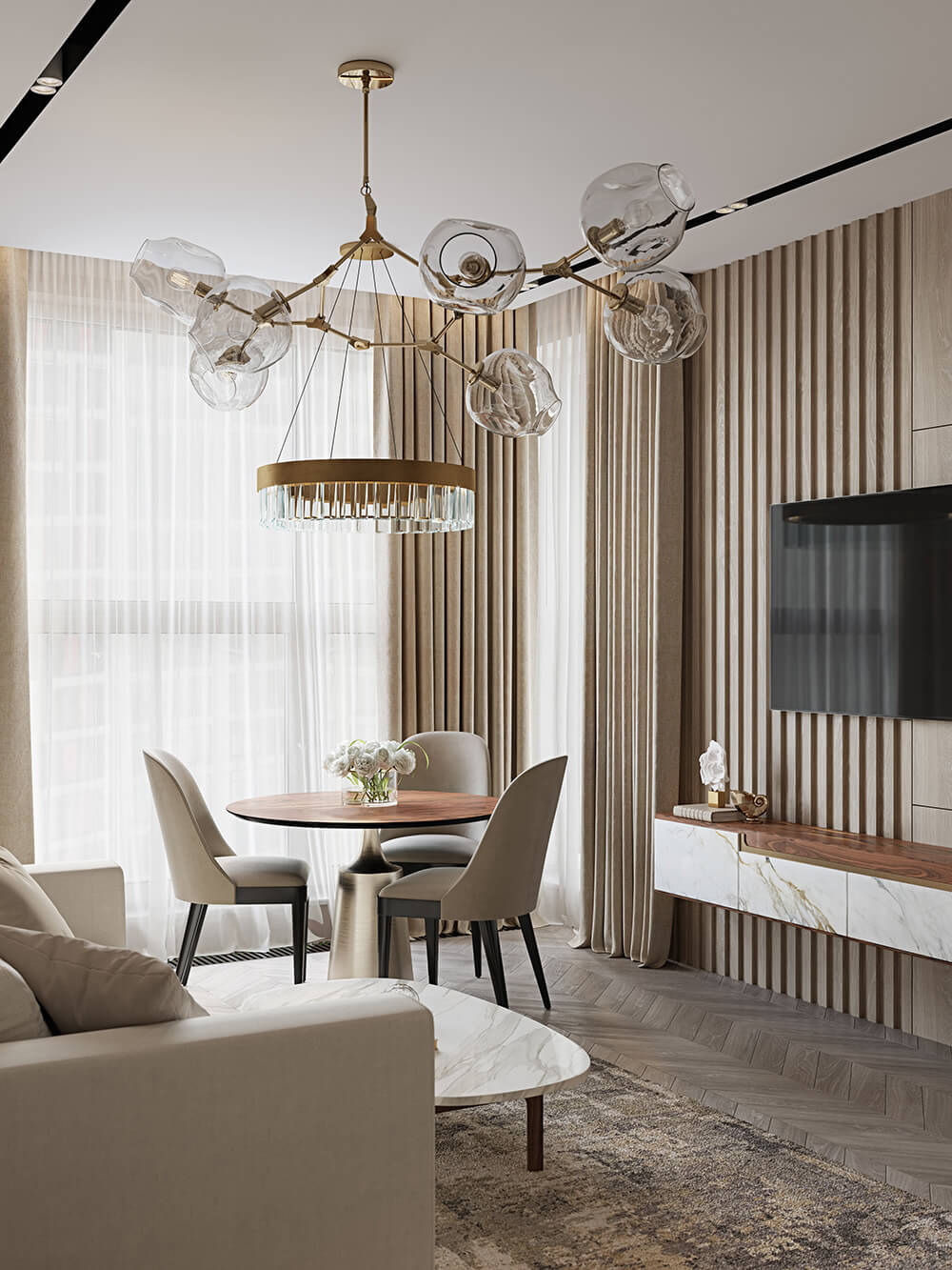 Aranżacja wnętrz 2026: Małe mieszkanie z zasłonami oddzielającymi salon od sypialni