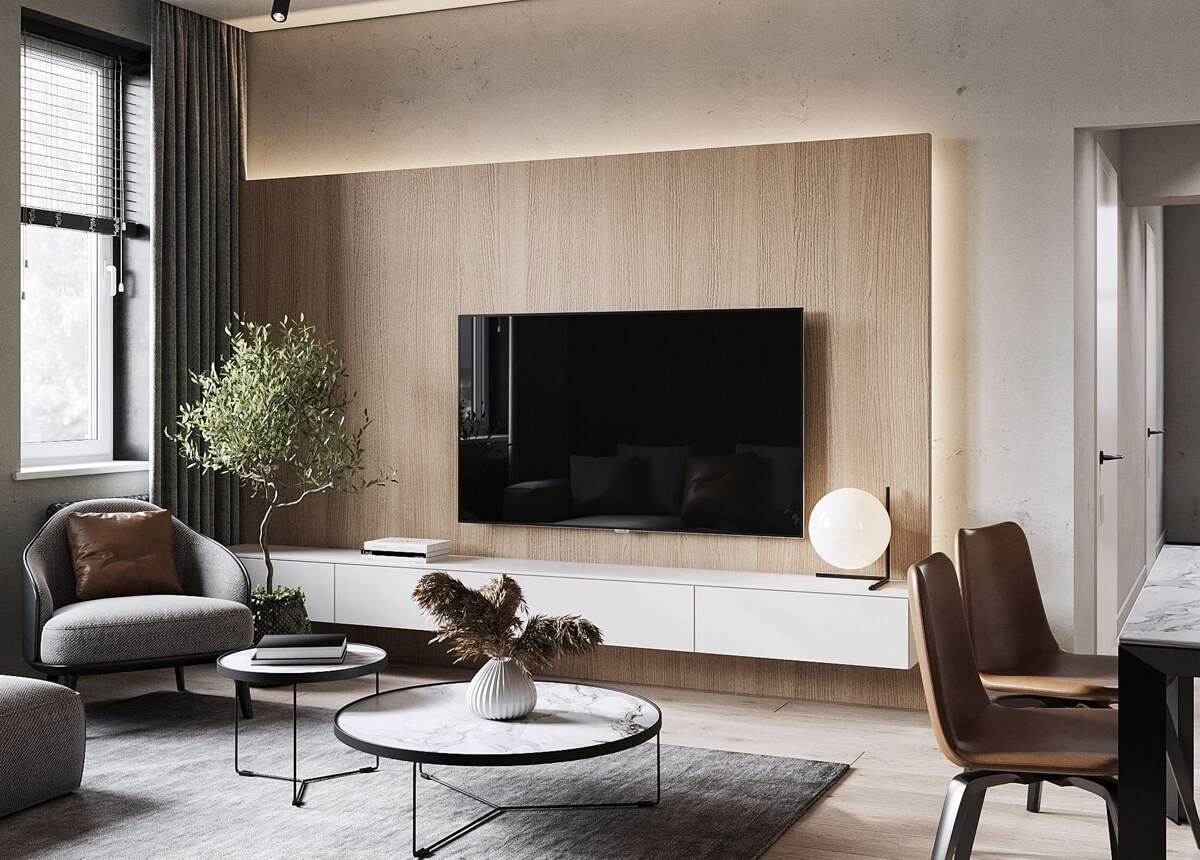 Naturalny Salon Styl Stylowy salon z elementami drewna i naturalnych materiałów w nowoczesnym wydaniu.