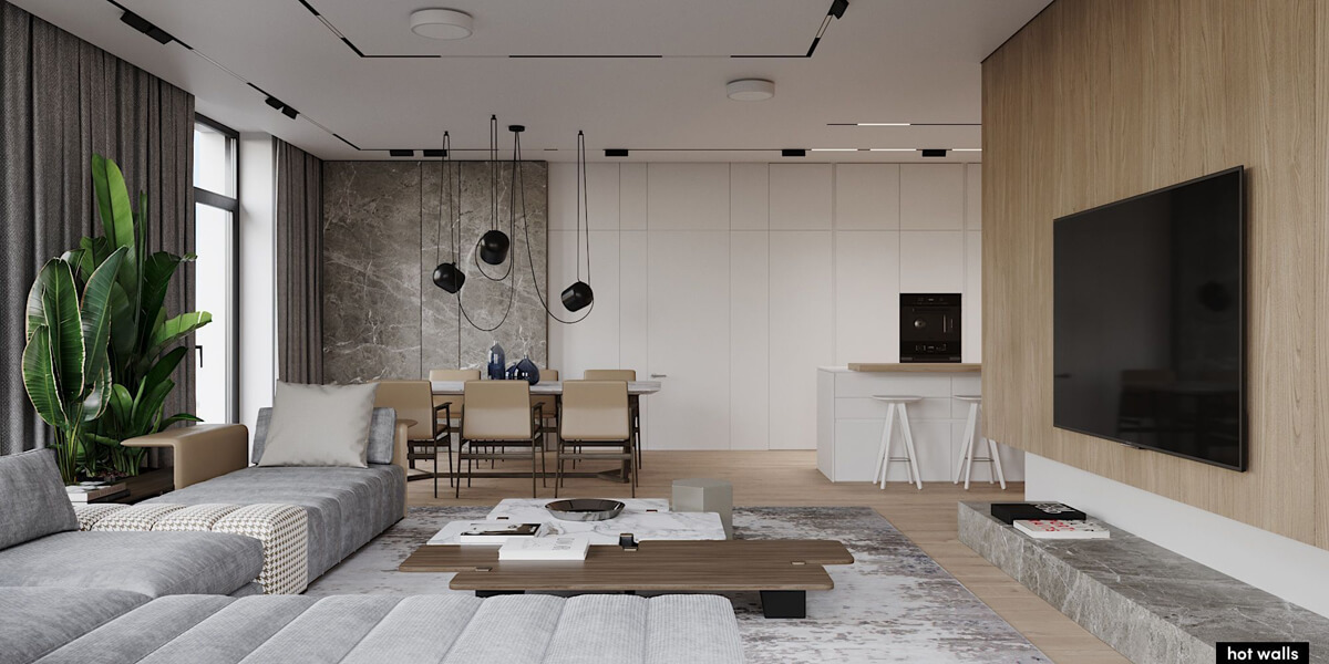 Salon z Widokiem Nowoczesny salon z panoramicznymi oknami, wpuszczającymi mnóstwo naturalnego światła.