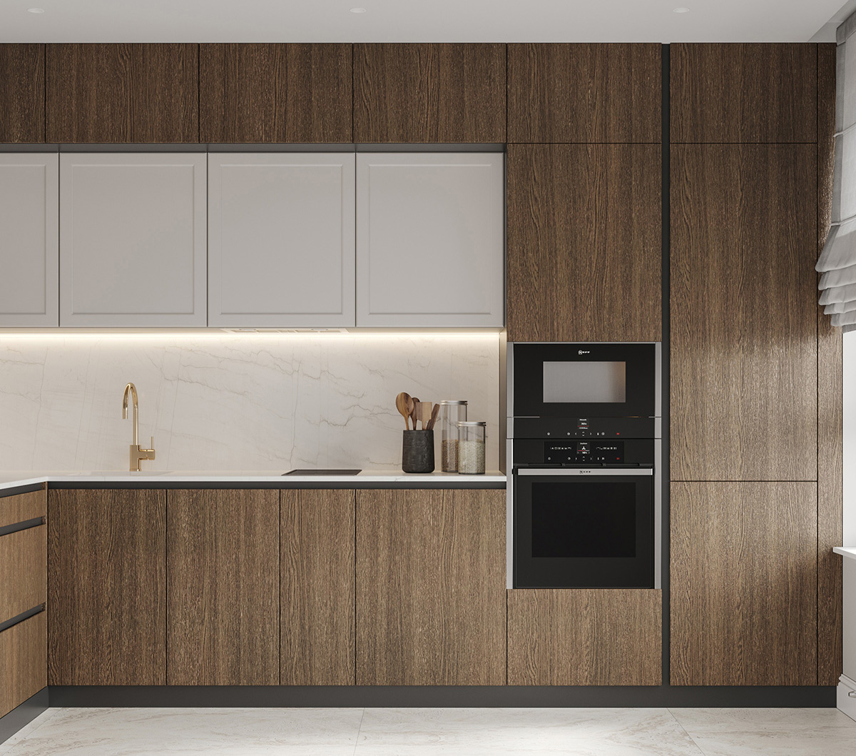 Salon w kolorze kawy z drewnianymi meblami w stylu skandynawskim - przytulne wnętrze.