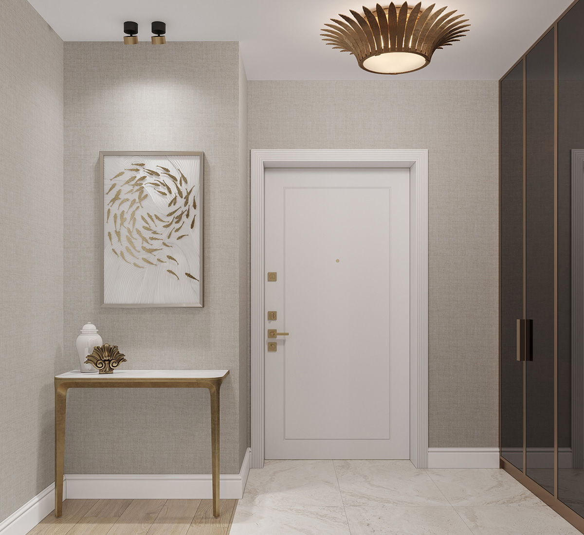 Przytulny salon w kolorze kawy. Jasne ściany, drewniane elementy i naturalne materiały.