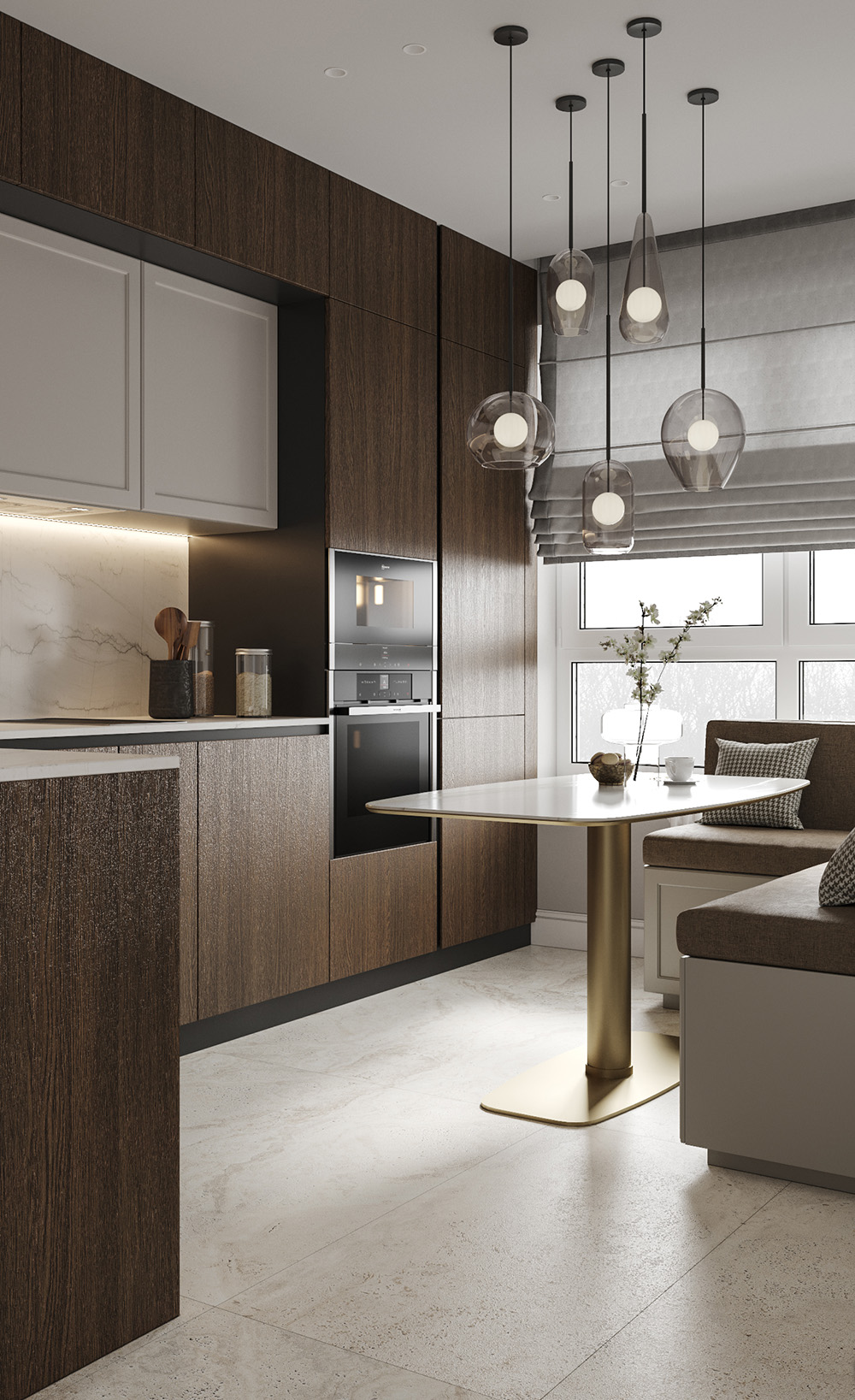 Aranżacja wnętrza w kolorze kawy. Stonowana elegancja, jasne ściany, drewniane elementy.