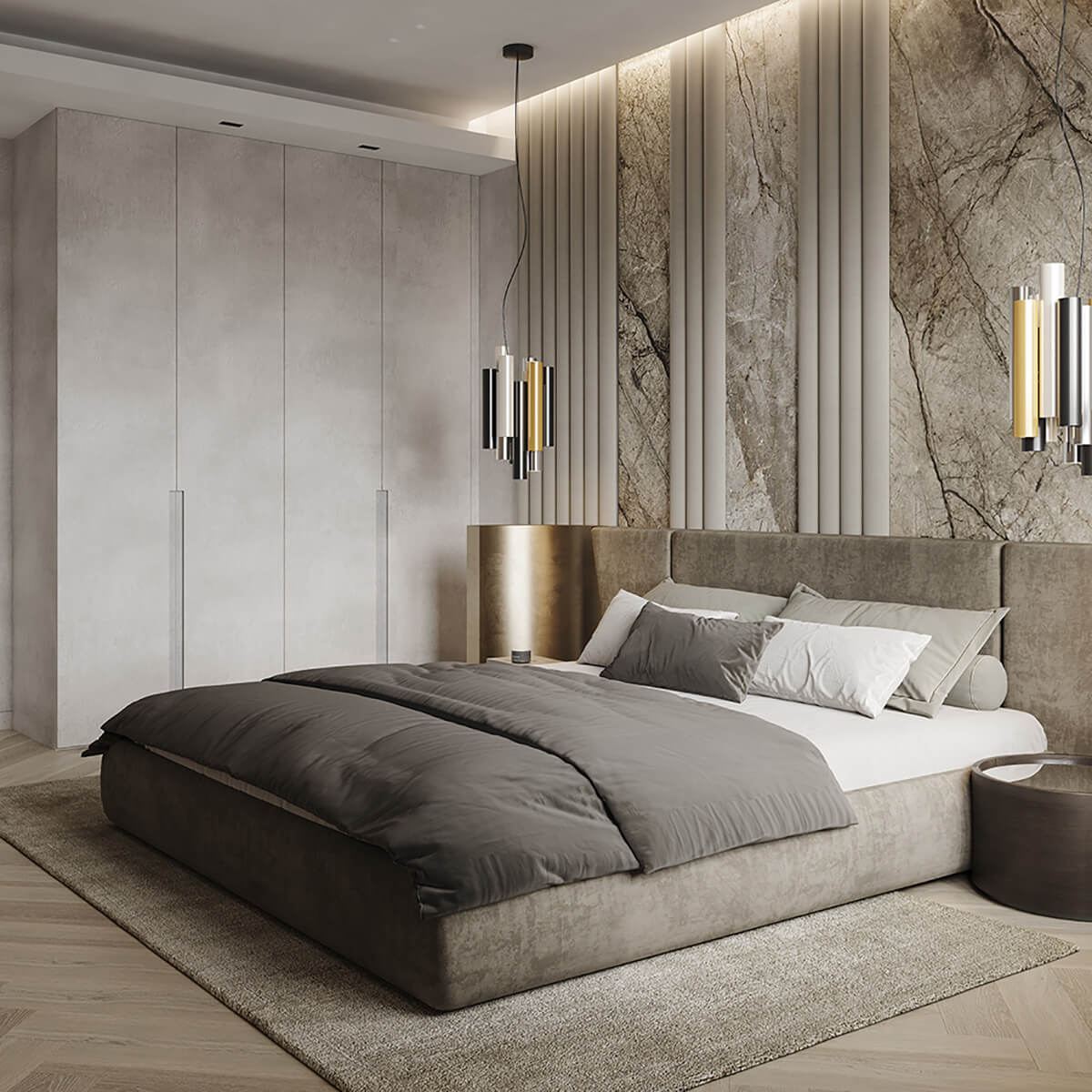 Sypialnia z akcentującą ścianą w paski za łóżkiem - aranżacja wnętrz.