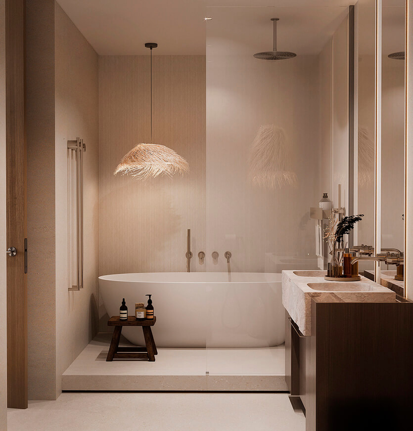 Spokój i prostota Minimalistyczna łazienka w stylu SPA z akcentem na spokój i prostotę designu.