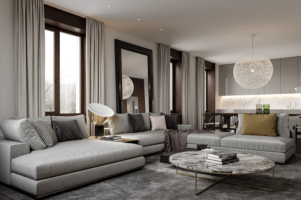 Dwukolorowe zasłony w salonie Dwukolorowe zasłony do wnętrz w nowoczesnym salonie – połączenie kolorów