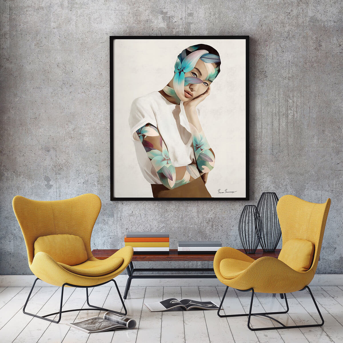 Stylowy plakat z grafiką nad łóżkiem w nowoczesnej sypialni w stylu minimalizm 2026.