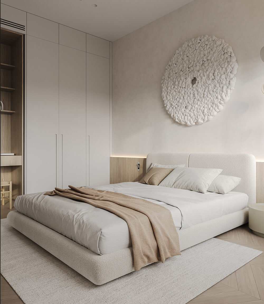 Kremowa jadalnia z drewnianym stołem i dużym oknem wpuszczającym światło.