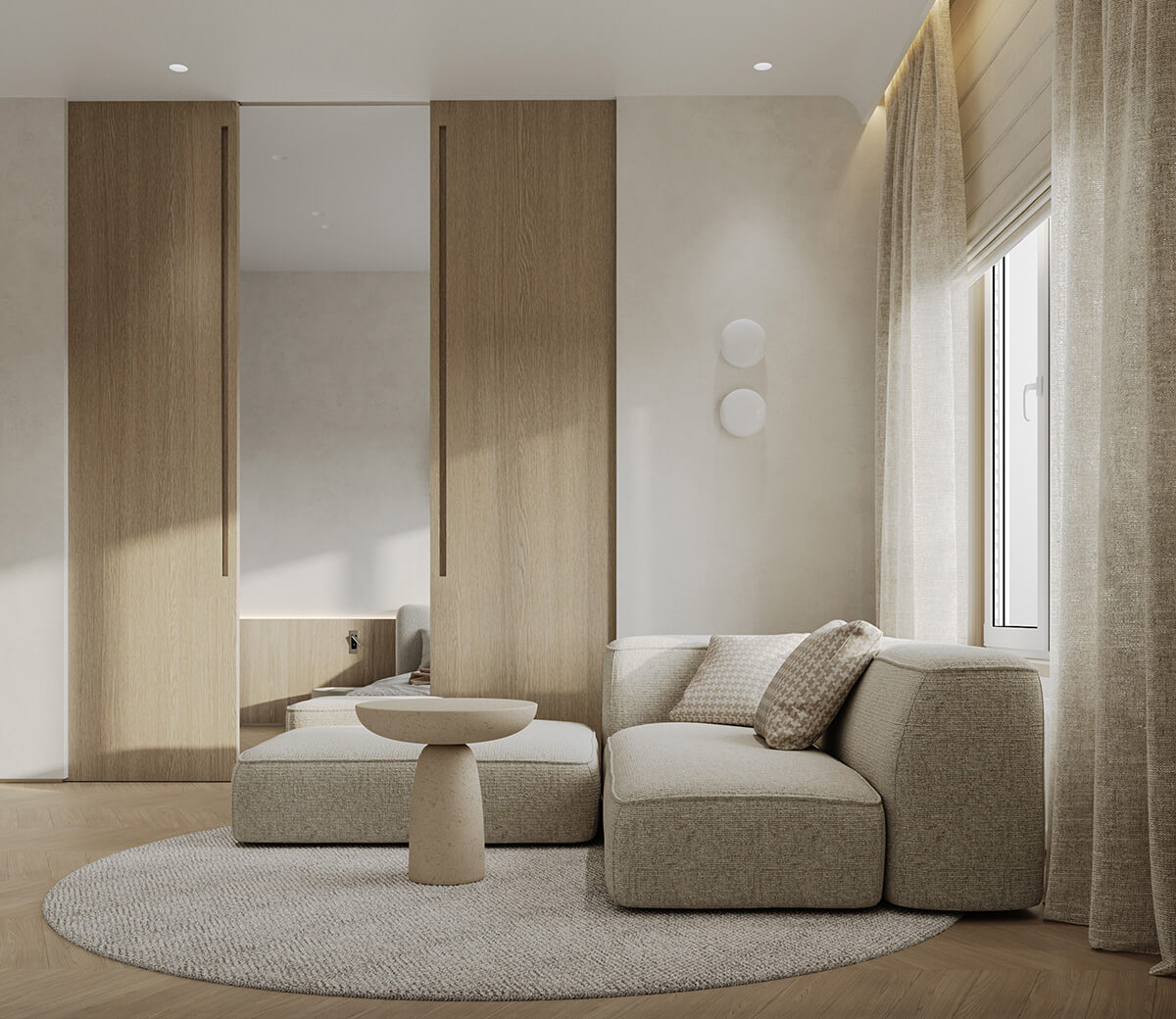 Kremowe wnętrze: miękkie oświetlenie podkreśla przytulność i elegancję małego mieszkania.