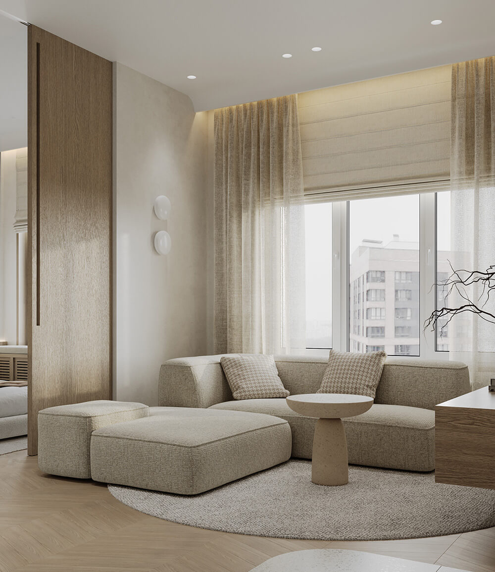 Kremowy korytarz z lustrem i dekoracjami optycznie powiększającymi przestrzeń.