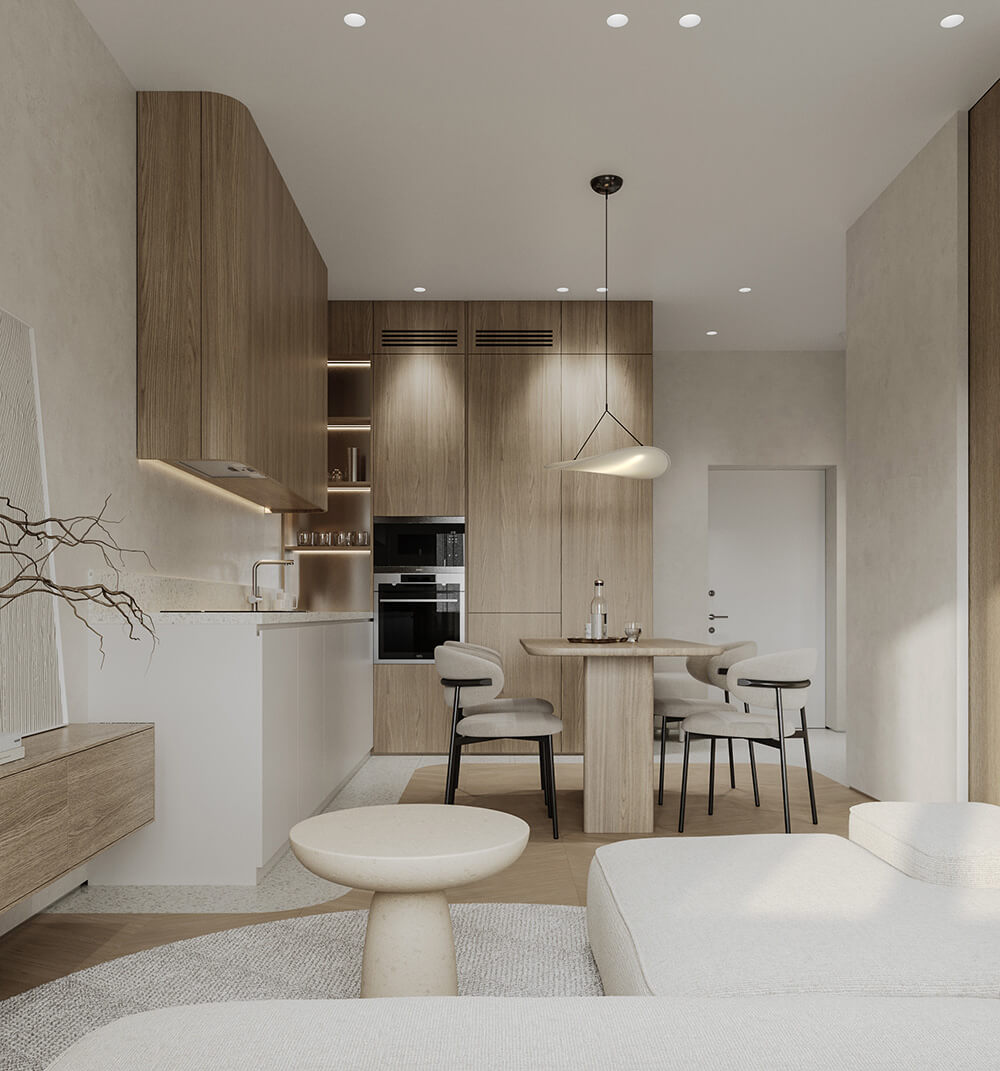 Stylowa sypialnia w kremowych tonach z tekstyliami i delikatnym oświetleniem.