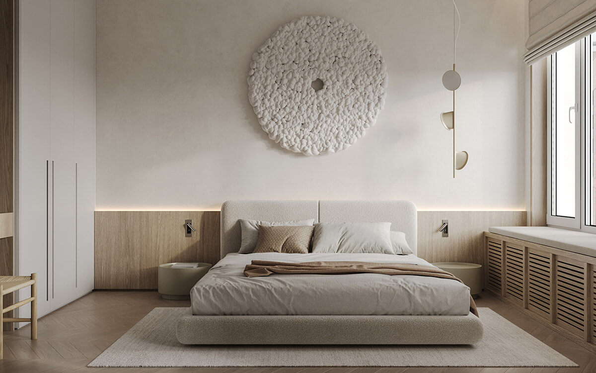 Kremowa sypialnia w stylu skandynawskim 2026: idealne miejsce na relaksujący sen.