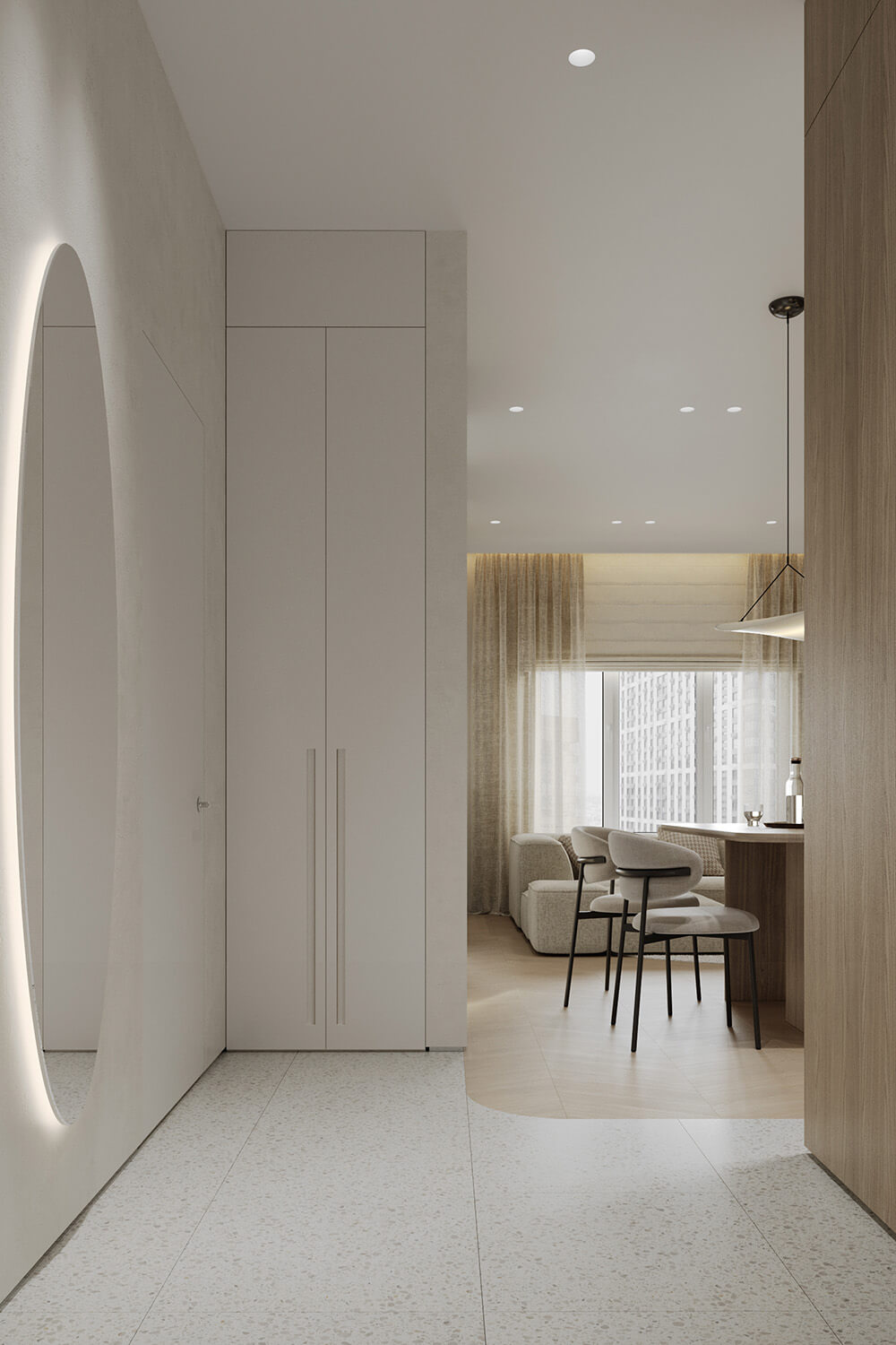 Jasna łazienka z marmurowymi płytkami i złotymi detalami w kremowej tonacji.