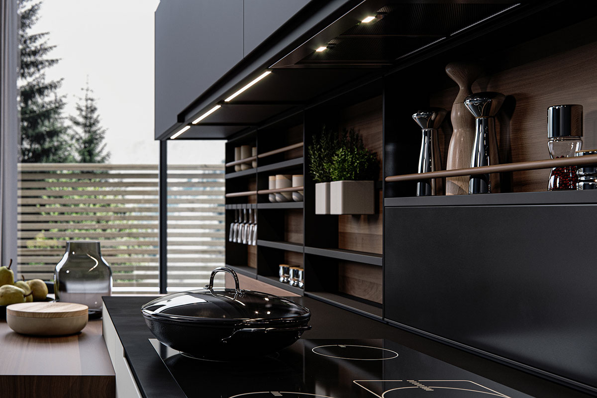 Minimalistyczna kuchnia 2026 Kuchnia z otwartymi półkami na naczynia i akcesoria kuchenne, minimalistyczny design.