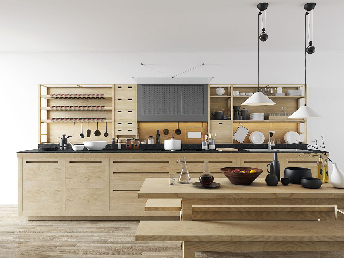 Metalowe półki kuchenne Kuchnia z metalowymi półkami: praktyczne i uporządkowane przechowywanie.