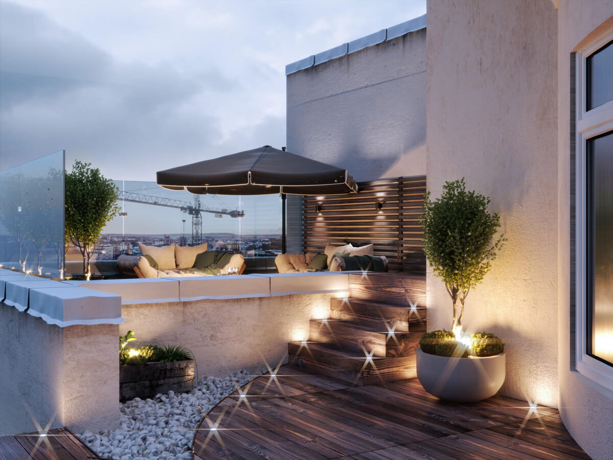 Relaks na tarasie Przestronny taras z miejscem do wypoczynku, meblami ogrodowymi i zielenią z pięknym widokiem.