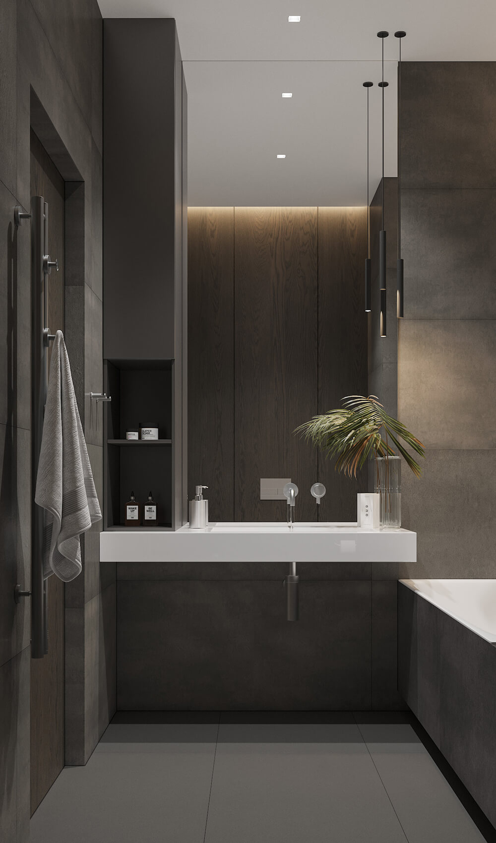 Sztuka i światło Męski apartament z elementami sztuki współczesnej i oryginalnym oświetleniem.