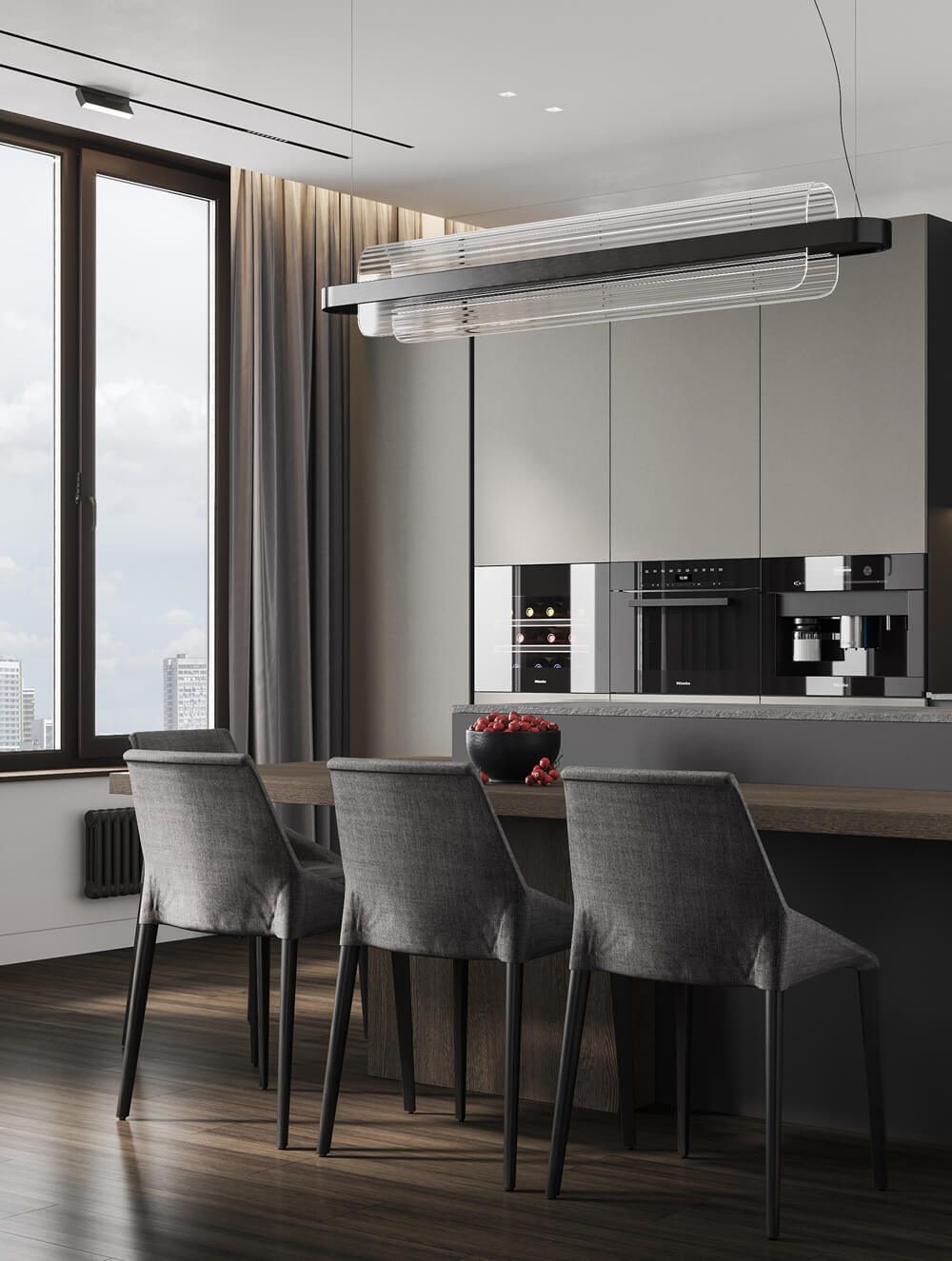 Ciemne Tony, Światło Męski apartament: ciemne tony i akcentowe oświetlenie tworzą nowoczesny klimat.