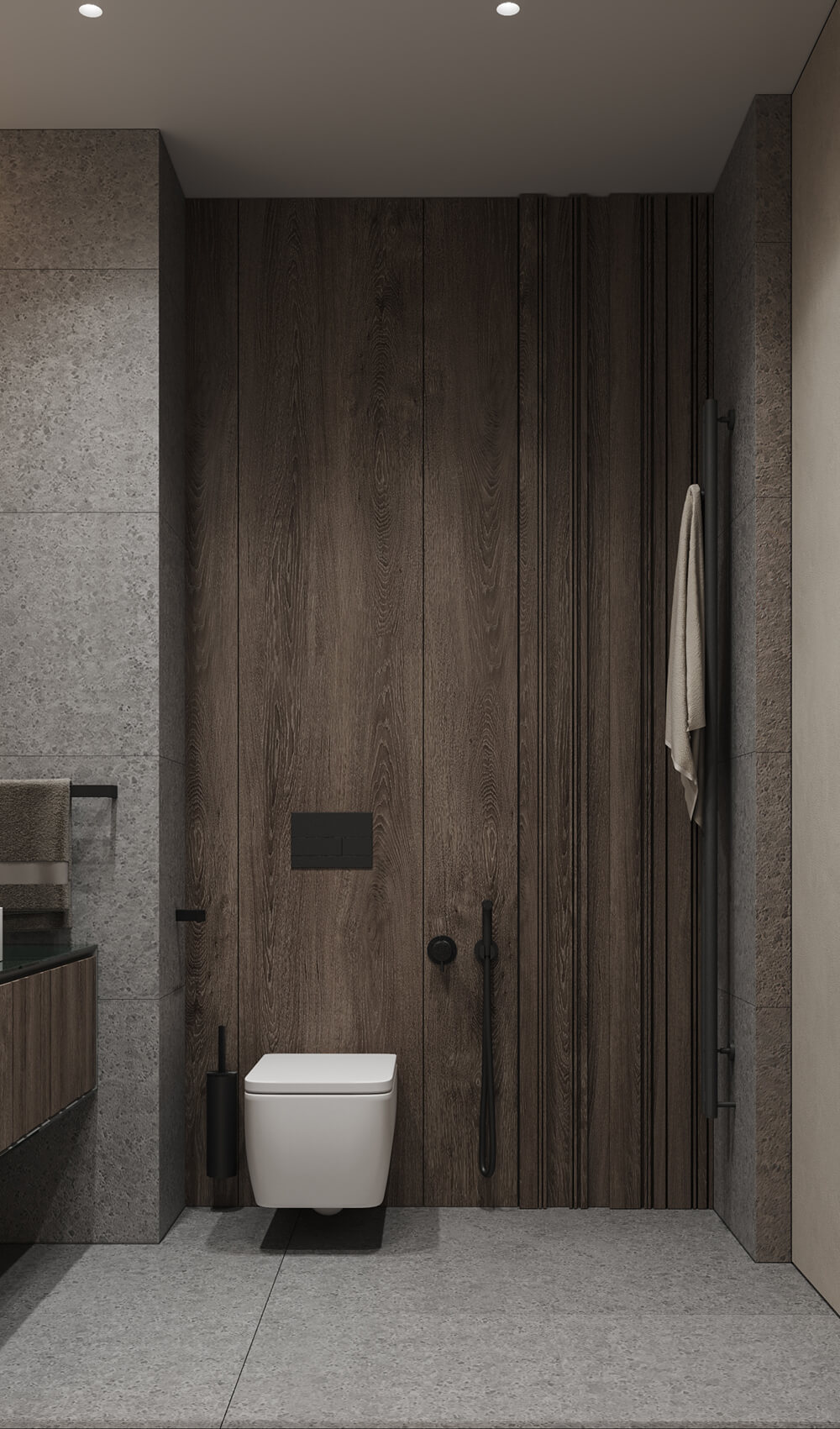 Szarość i Światło Nowoczesne męskie wnętrze z szarymi odcieniami i akcentującym oświetleniem sufitowym.