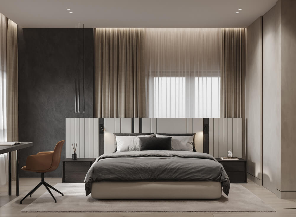 Ciemny Minimalizm Męskie wnętrze z elementami minimalizmu i ciemną kolorystyką wnętrza mieszkania.