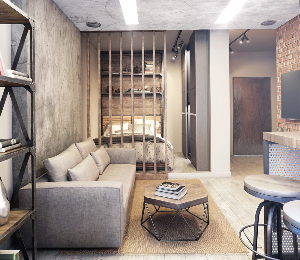 Gabinet z widokiem Męski gabinet z biurkiem przy oknie i regałami na książki.