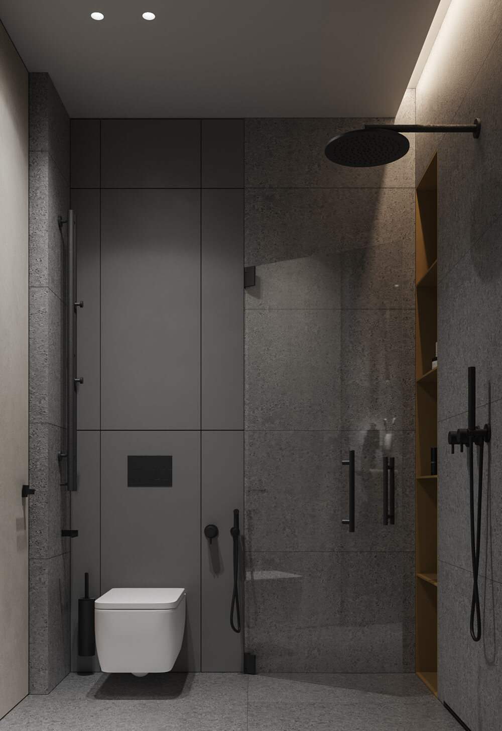 Elegancja w ciemności Ciemne i eleganckie męskie wnętrze z drewnianymi akcentami i subtelnym oświetleniem.