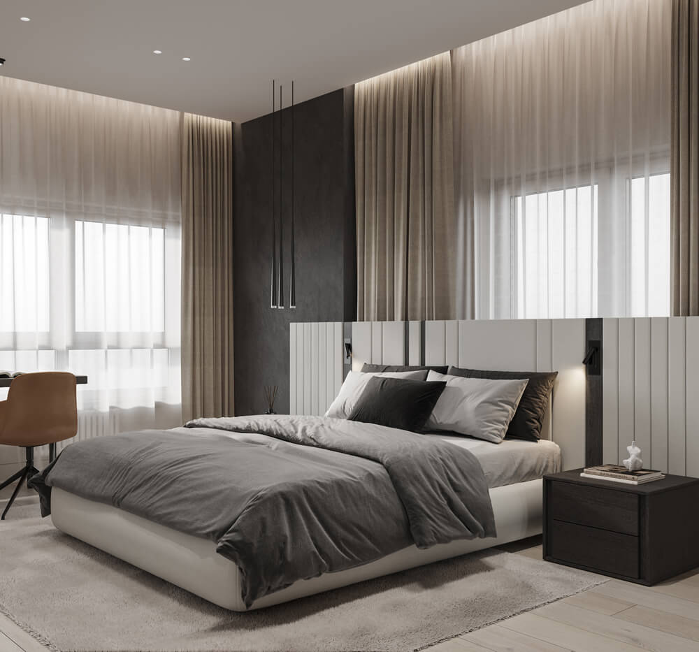 Salon z kominkiem Elegancki męski salon z kominkiem, dużymi oknami i wygodnymi fotelami.