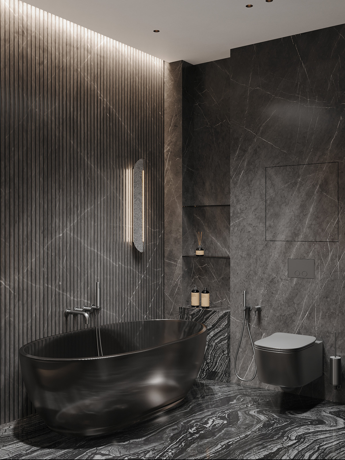 Funkcjonalny design prywatnej strefy w mieszkaniu z wygodnym fotelem i oświetleniem.