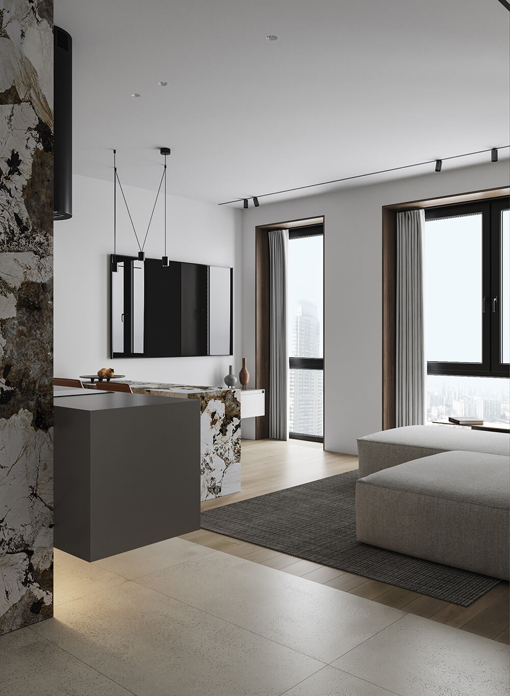 Harmonia odcieni Monochromatyczny design wnętrza harmonijnie łączący odcienie jednego koloru w małym mieszkaniu.