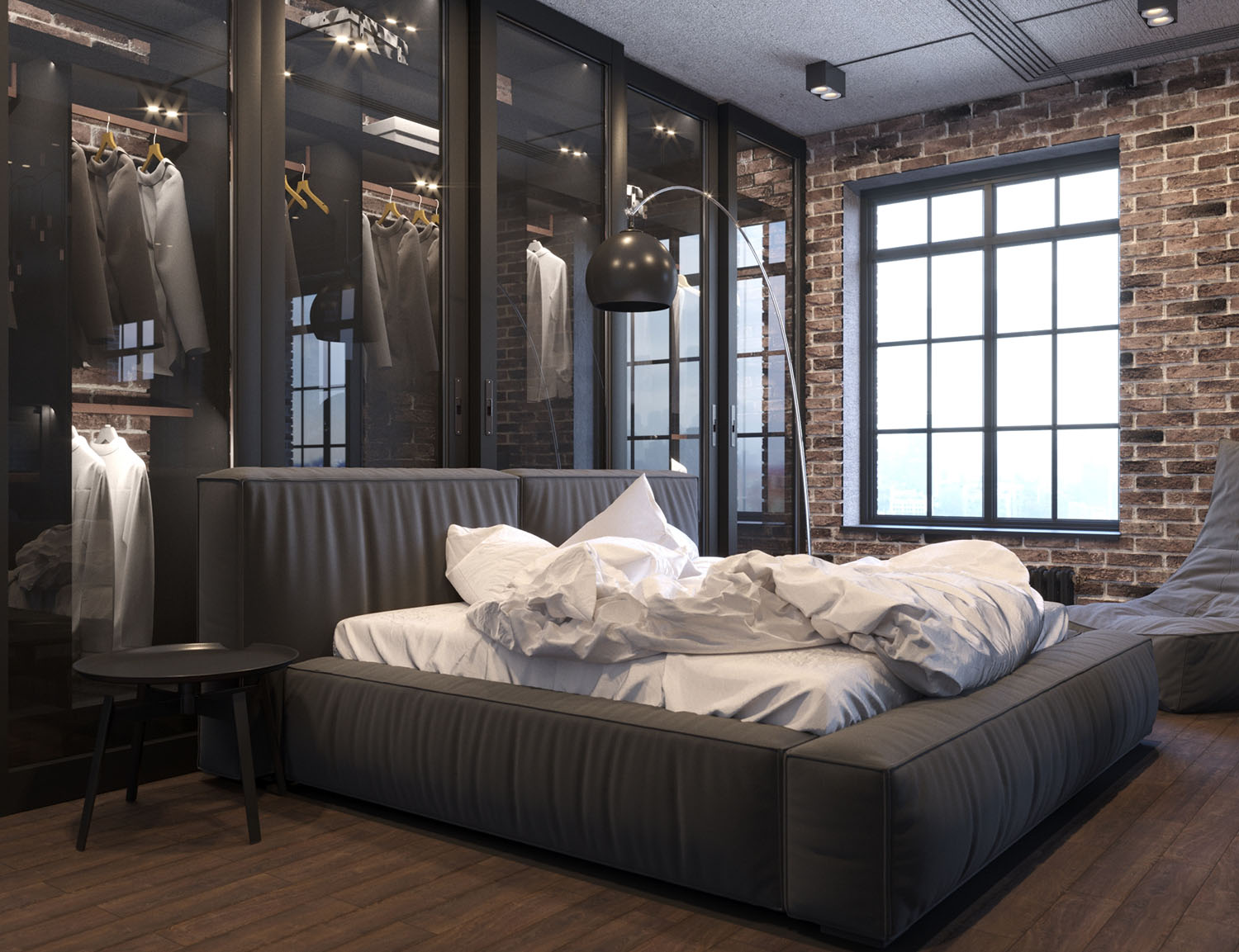 Loft: Detale i Tekstury Elementy dekoracyjne w sypialni w stylu loft: poduszki, tekstylia i metalowe akcenty.