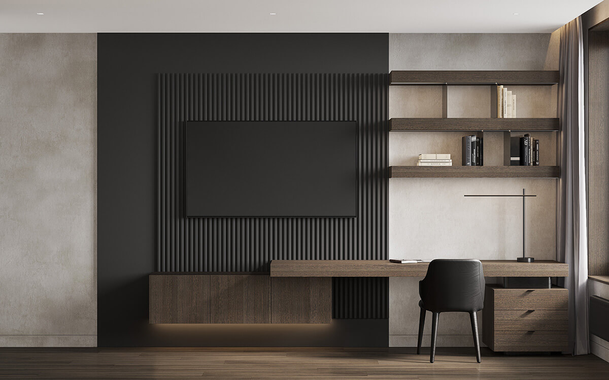 Ciemne meble dębowe: szafa i komoda z wyraźną teksturą w sypialni