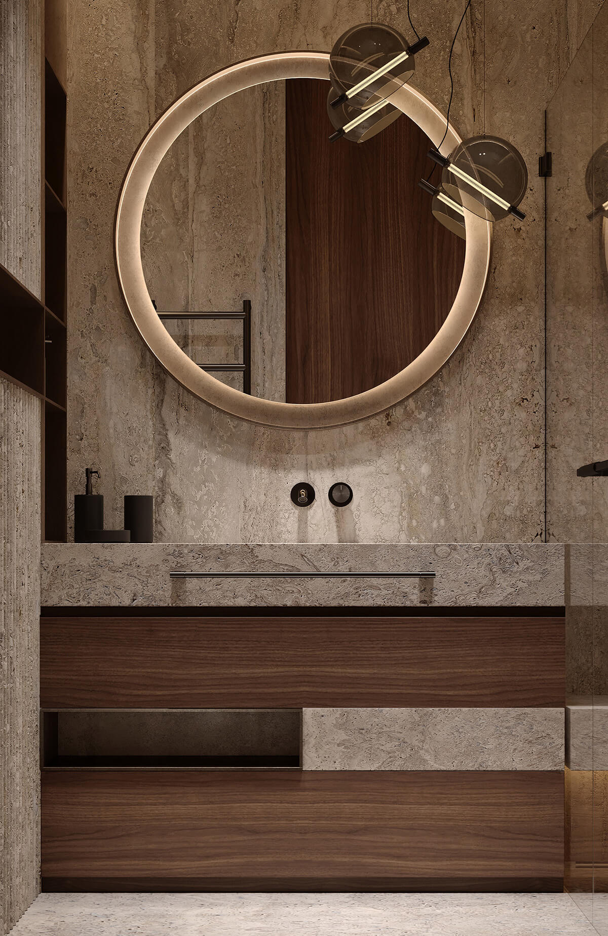 Dębowa szafka nocna w sypialni z wyraźną teksturą, dodająca naturalnego uroku.