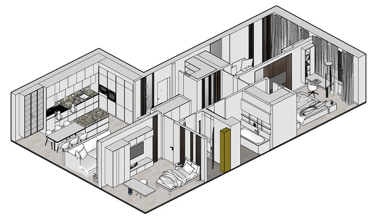 Projekt przebudowy mieszkania z nowymi instalacjami i optymalnym rozmieszczeniem mebli w 2026.