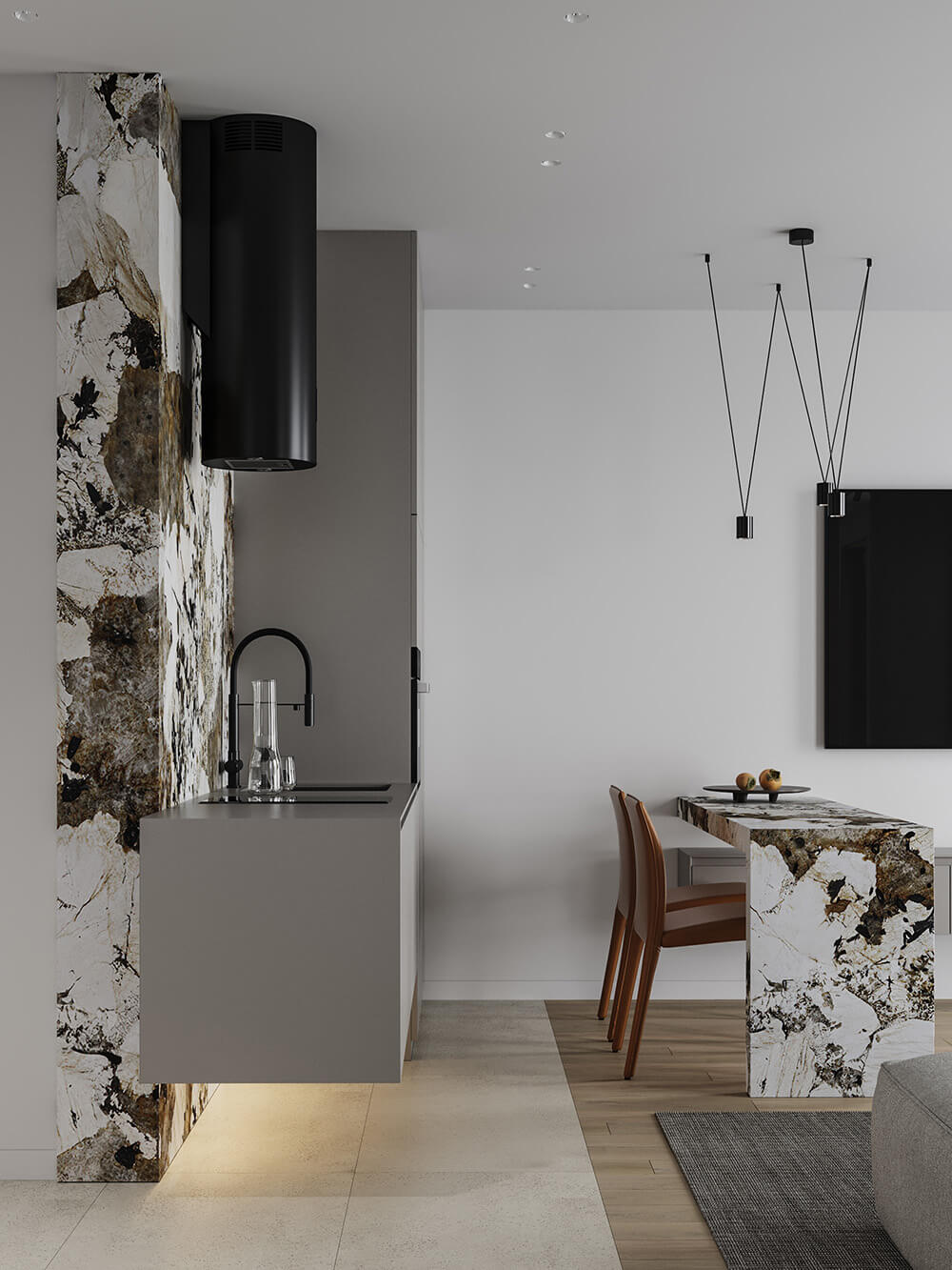 Kuchnia z wyspą Jasna kuchnia z podwieszanymi szafkami i wyspą kuchenną 2026. Przestronne wnętrze.