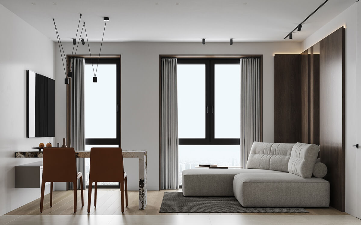 Kuchnia w bieli Stylowa kuchnia 2026 z białymi podwieszanymi szafkami i drewnianym blatem. Minimalistyczne wnętrze.