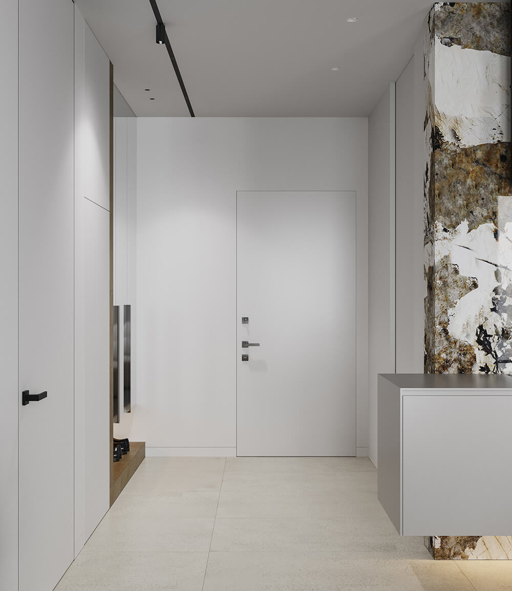 Salon z RTV Podwieszana szafka RTV w minimalistycznym salonie. Małe mieszkanie 2026. Łatwe sprzątanie.