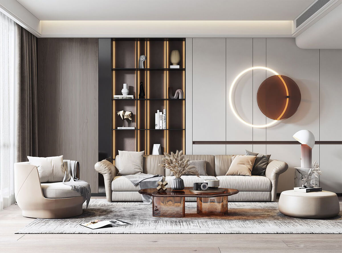 Atmosfera LED w salonie Relaksujące oświetlenie LED w salonie, tworzące przytulną i spokojną atmosferę.