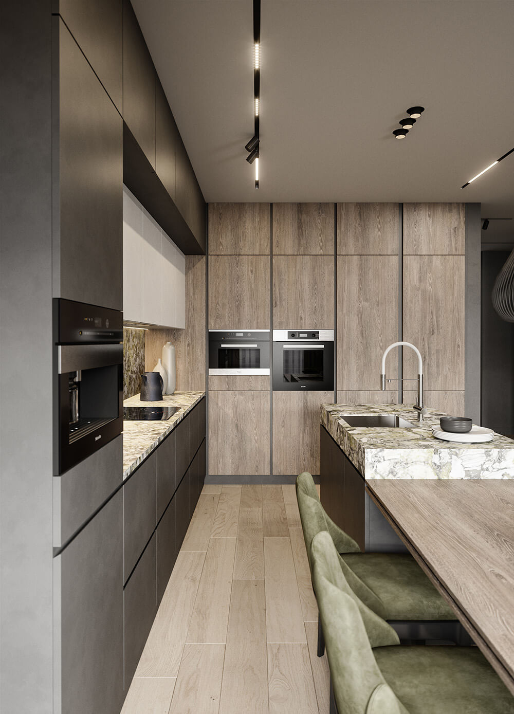 Zielony Marmur w Sypialni Sypialnia z zielonym marmurem na ścianie: luksusowe wykończenie wnętrza z kamienia.