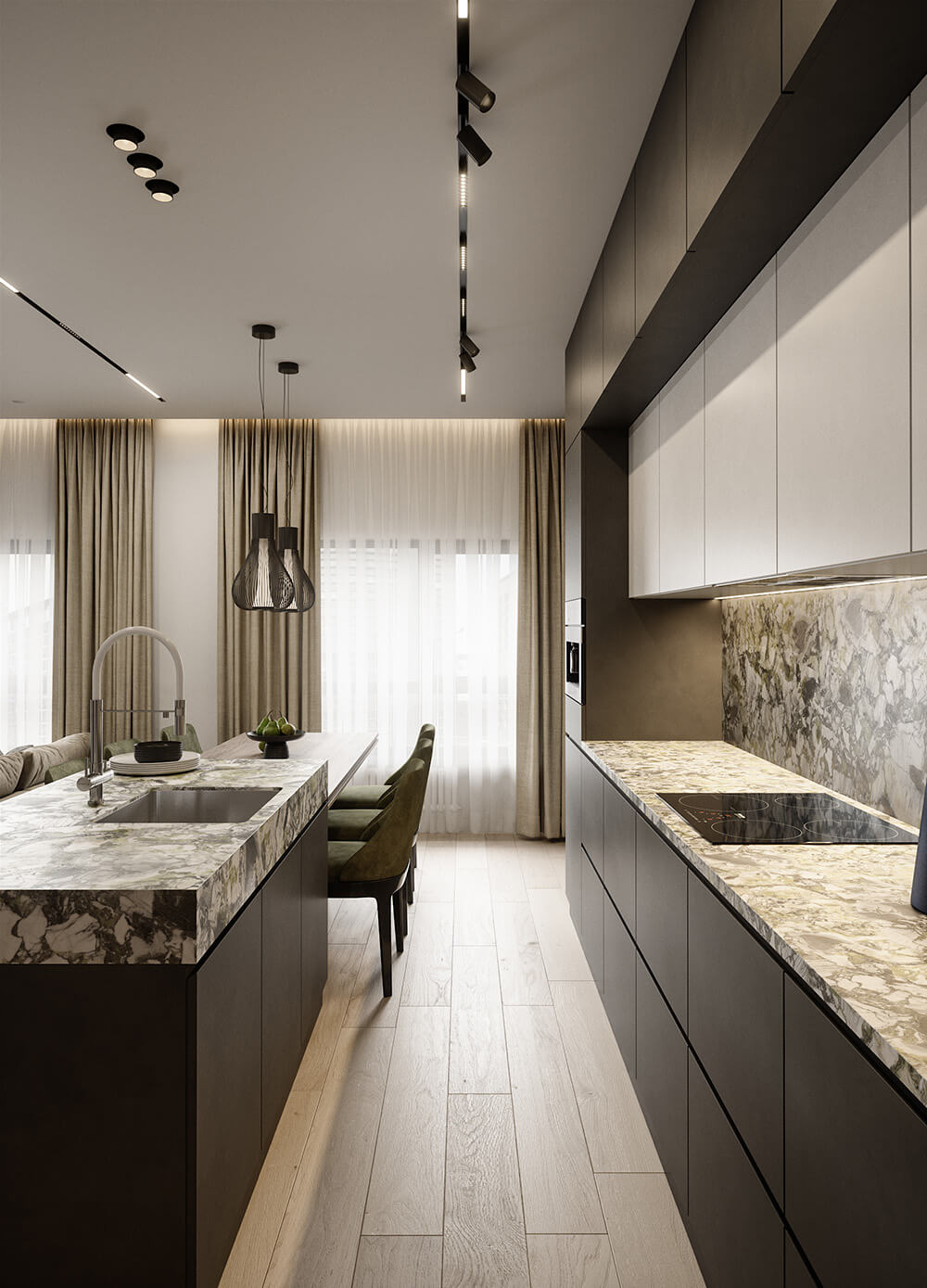 Zielony Marmur: Blat Kuchenny Kuchnia z blatem z zielonego marmuru: stylowy blat i wykończenie ściany.