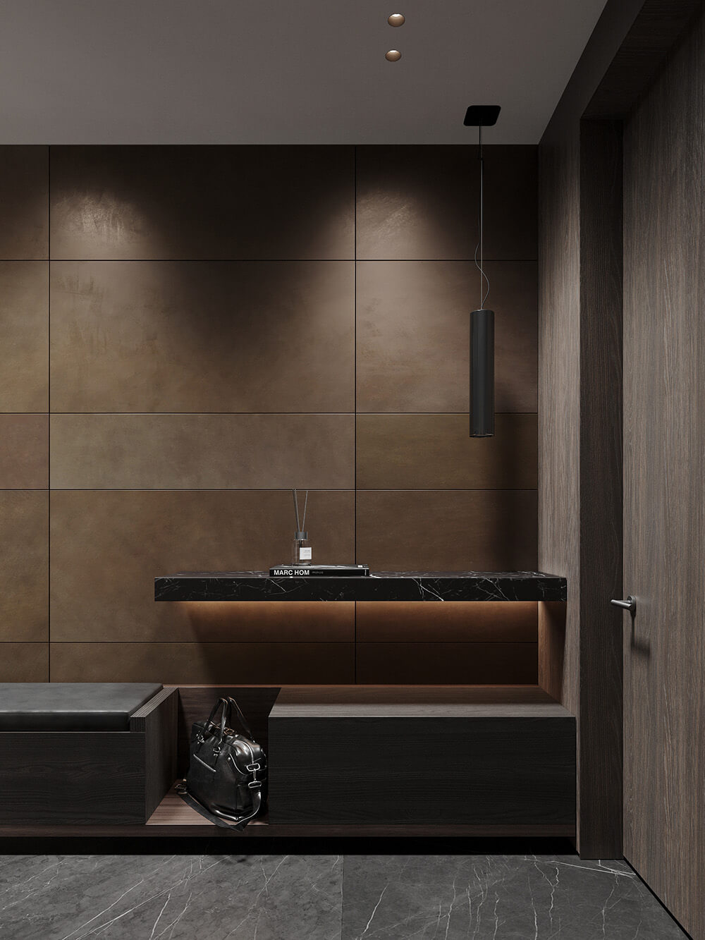 Metal w Biurze: Inspiracja Biuro z ścianą akcentującą pokrytą ciekłym metalem, inspirujący design przestrzeni pracy 2026.